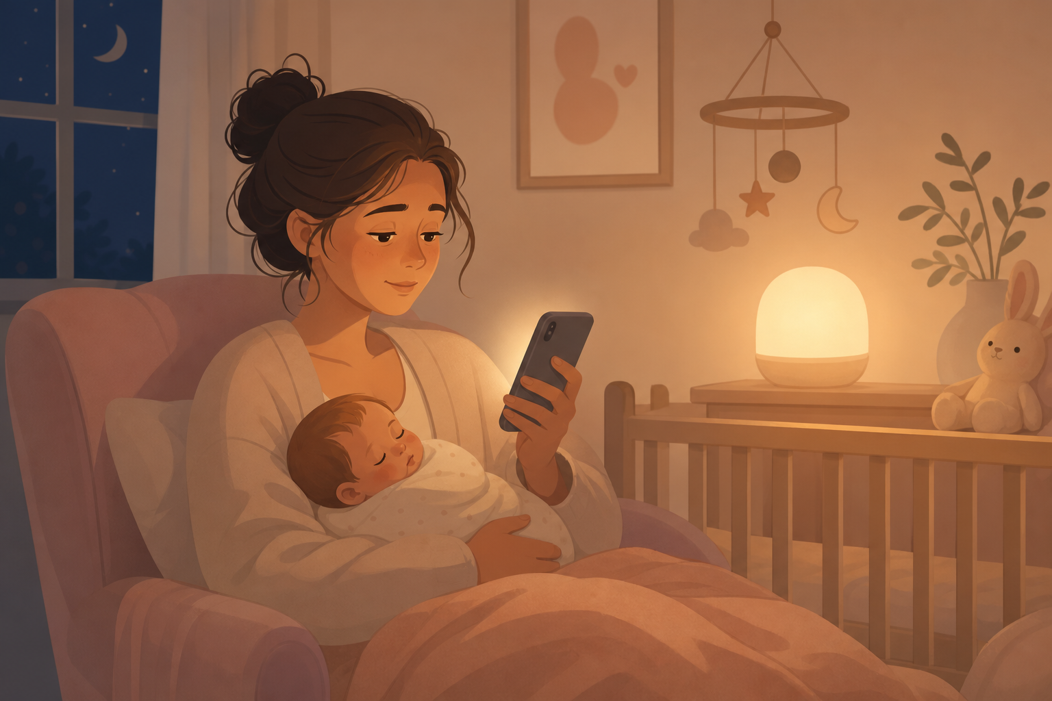 Parent using TinyDay Baby Tracker with one hand at night